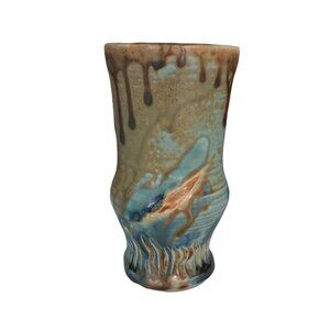 Swanstrom Pottery Cup With Earthy Blue And Brown Drip Glaze